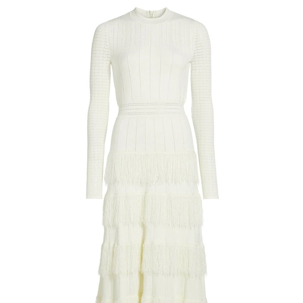 ✨ Lela Rose White Knit Fringe-Trim Maxi Dress – Size M (Excellent Condition)